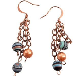 Artisan Copper Dangle Earrings | Multi-Color Beaded‎ Drops